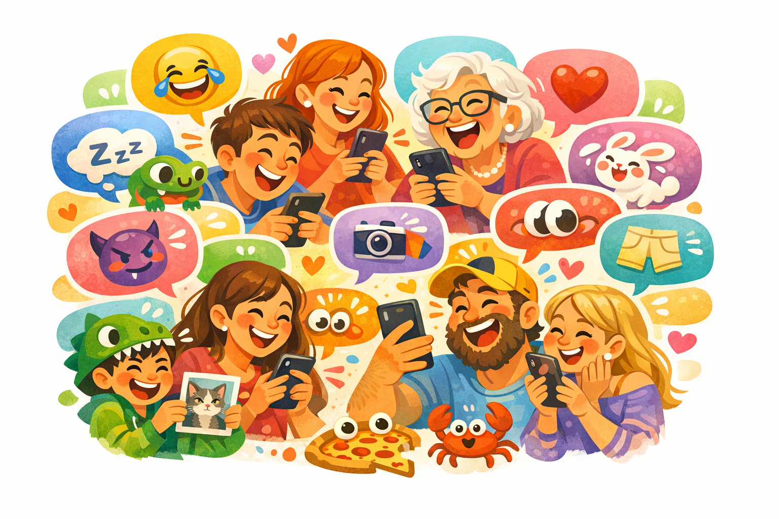 Friends sharing playful messages and laughter in a colourful group chat