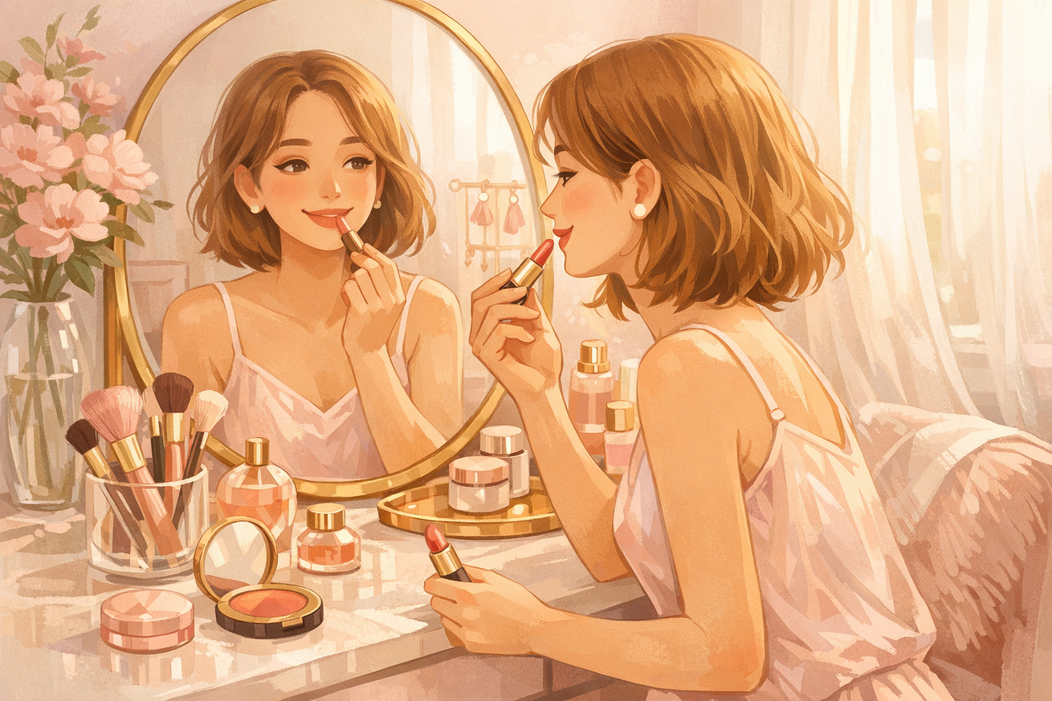 Gentle morning make-up routine with a mirror, brushes and cosmetics in soft pink and gold tones