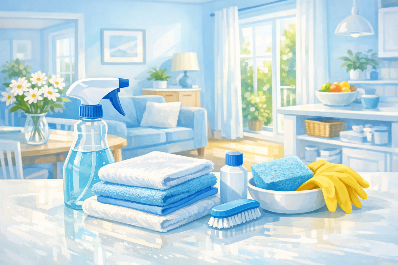 Bright tidy home with blue and white cleaning supplies for a spring clean