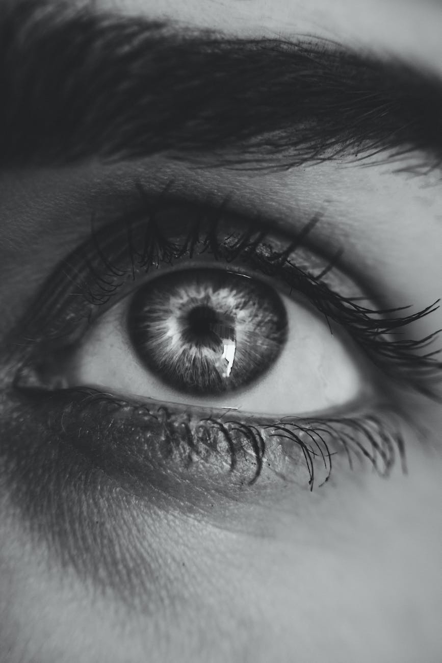 A black and white photo of a person's eye.
