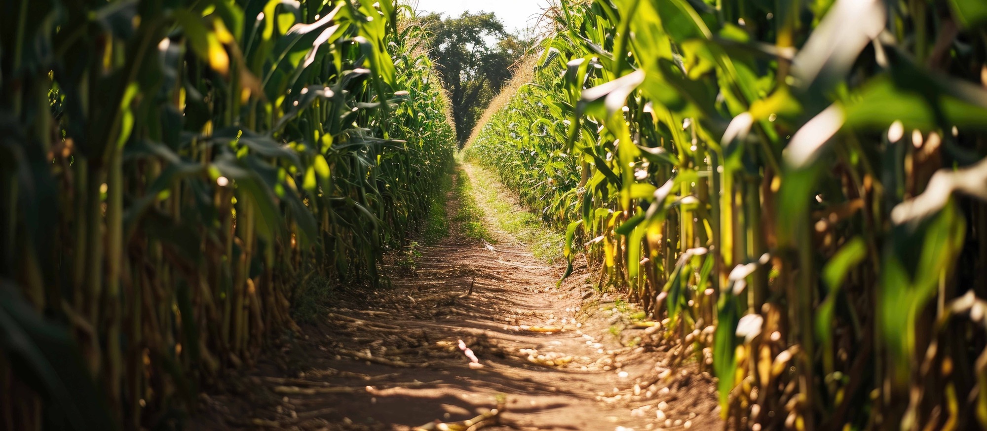 A dirt pathway runs through a dense cornfield, with rows of tall green corn plants on either side, extending towards a distant point under a sunny sky.