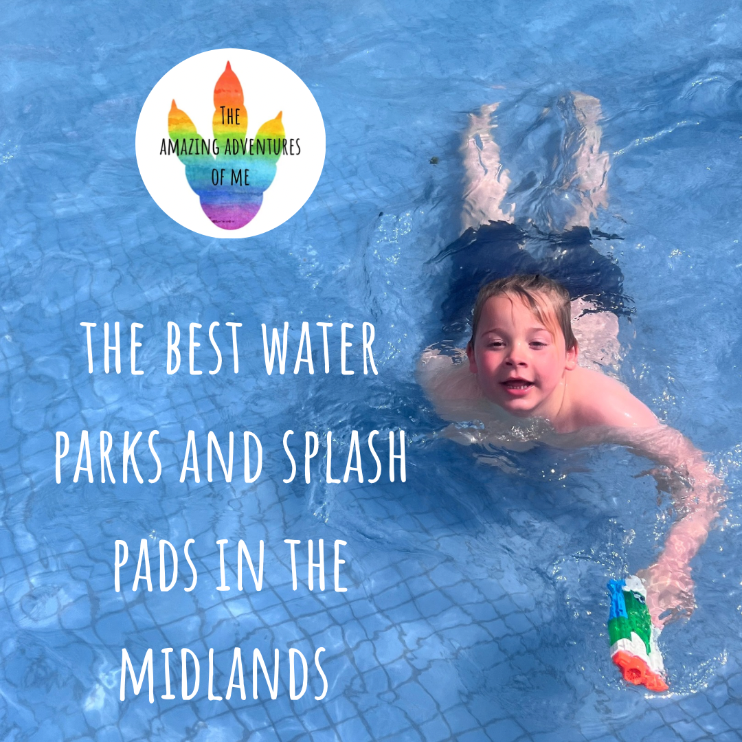 A child swimming in a pool while holding a water toy. Text overlay reads "The best water parks and splash pads in the Midlands." A logo in the top left corner says "The Amazing Adventures of Me.