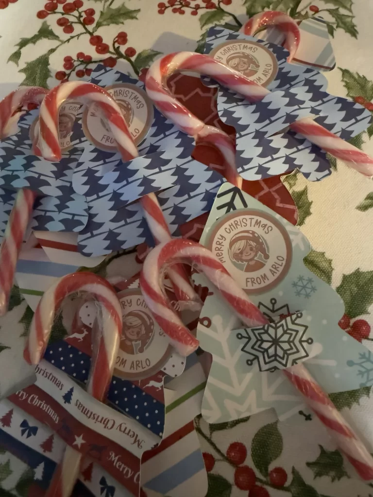 Candy canes tied to festive tags on a holly-patterned tablecloth. Tags read "Merry Christmas from Arlo" with various designs and a circular illustration.