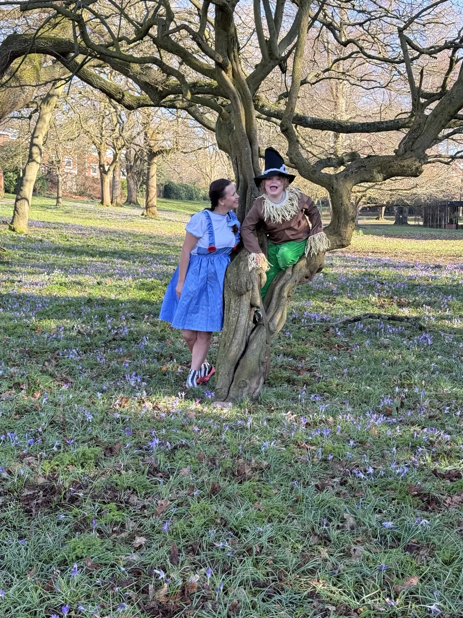 Two people in costume, resembling characters from the Wizard of Oz, stand by a tree in a field. One person is dressed as Dorothy, and the other as the Scarecrow.