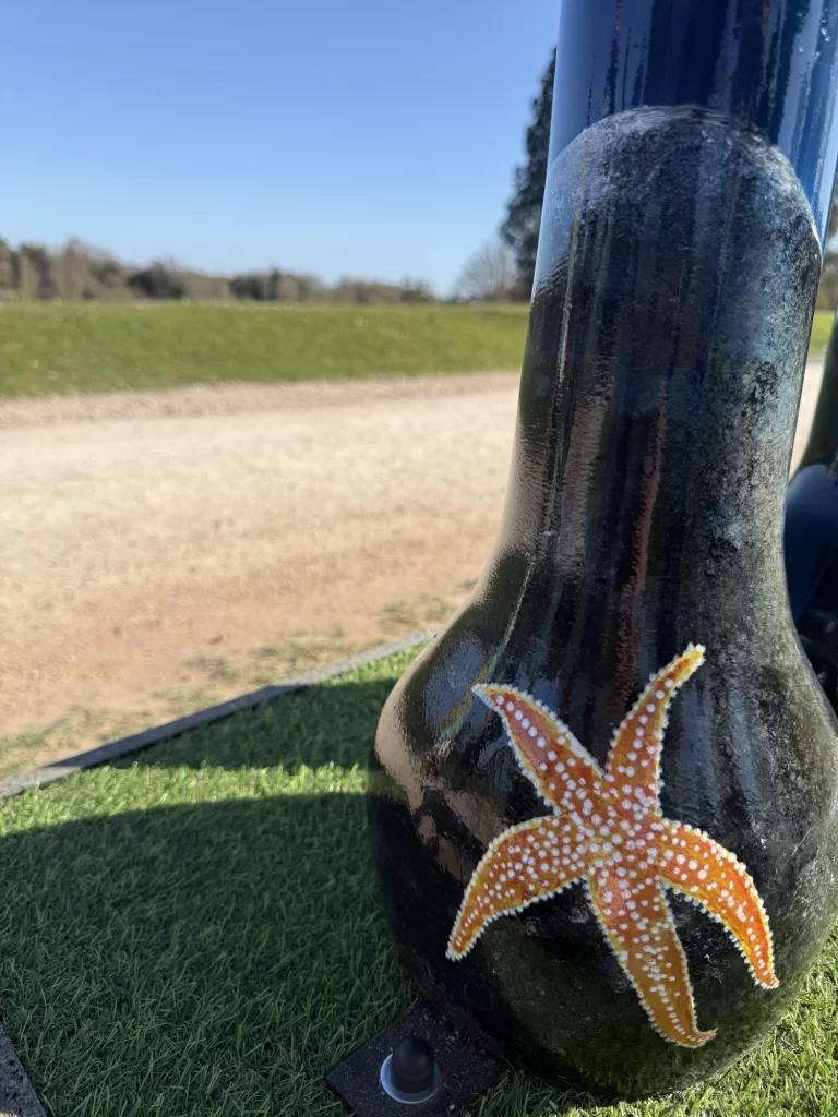 Close-up of a sculpted post resembling a black and blue neck with a starfish decoration, set against a green grass and gravel path background.