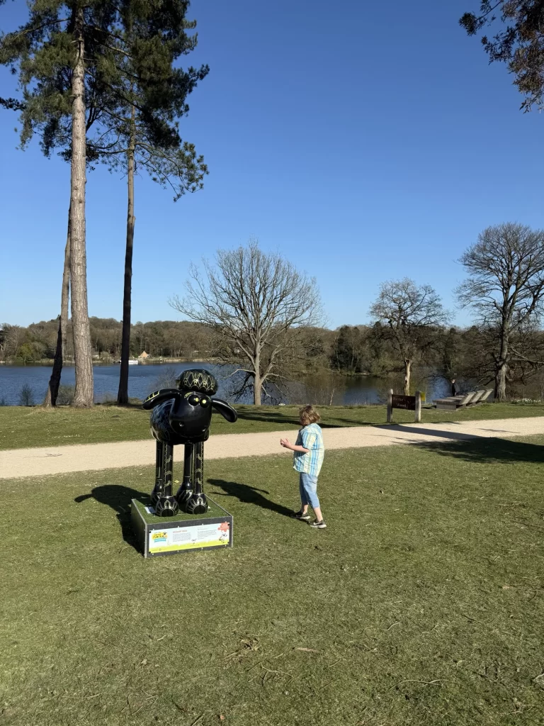 A person stands near a black sheep statue on a grassy area. There are trees and a lake in the background under a clear blue sky.