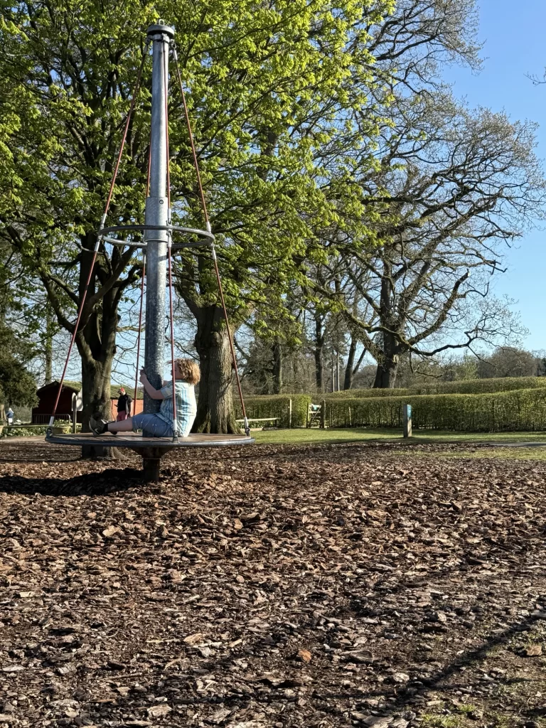 A person sitting on a round swing in a park setting with trees and a clear sky in the background.