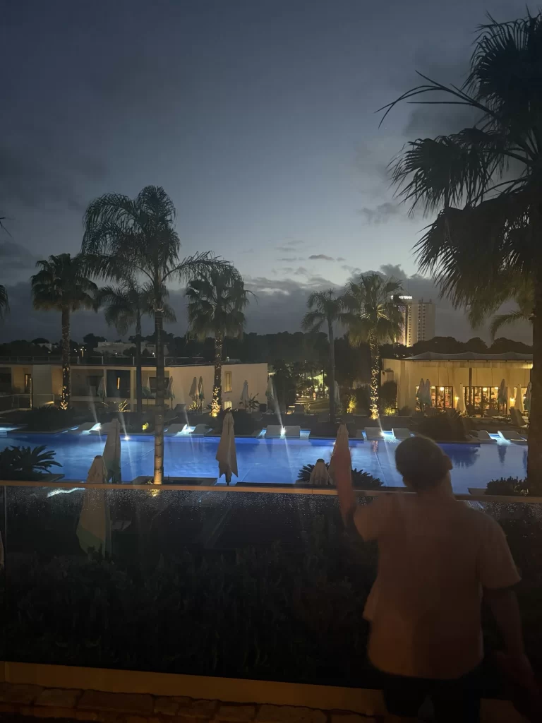 A person stands by a railing at dusk, overlooking a pool illuminated with blue lights, surrounded by palm trees and buildings in the background.