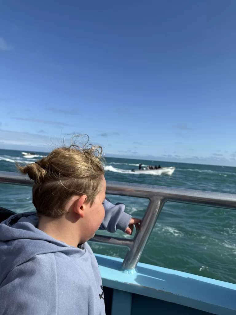 A child in a blue hoodie looks out over the ocean from a boat, with another small boat visible in the distance under a clear sky.