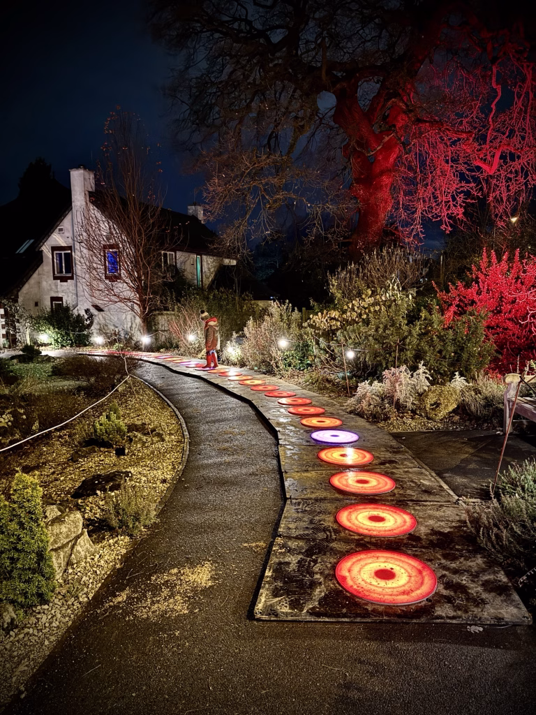 A child stands on a winding path lit by glowing red and white circles at night, with trees and a house illuminated behind them.