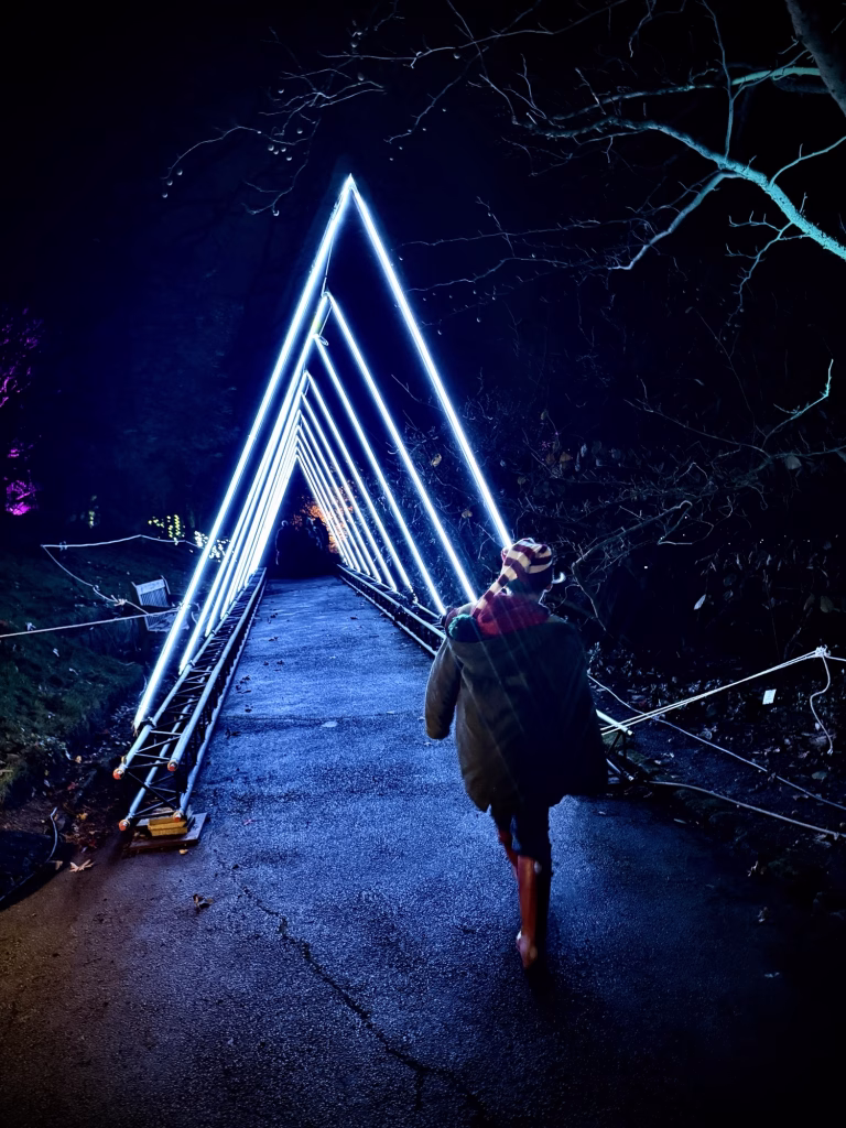 Someone walks on a shiny, wet pavement at night beneath glowing blue neon arches, surrounded by trees and darkness.