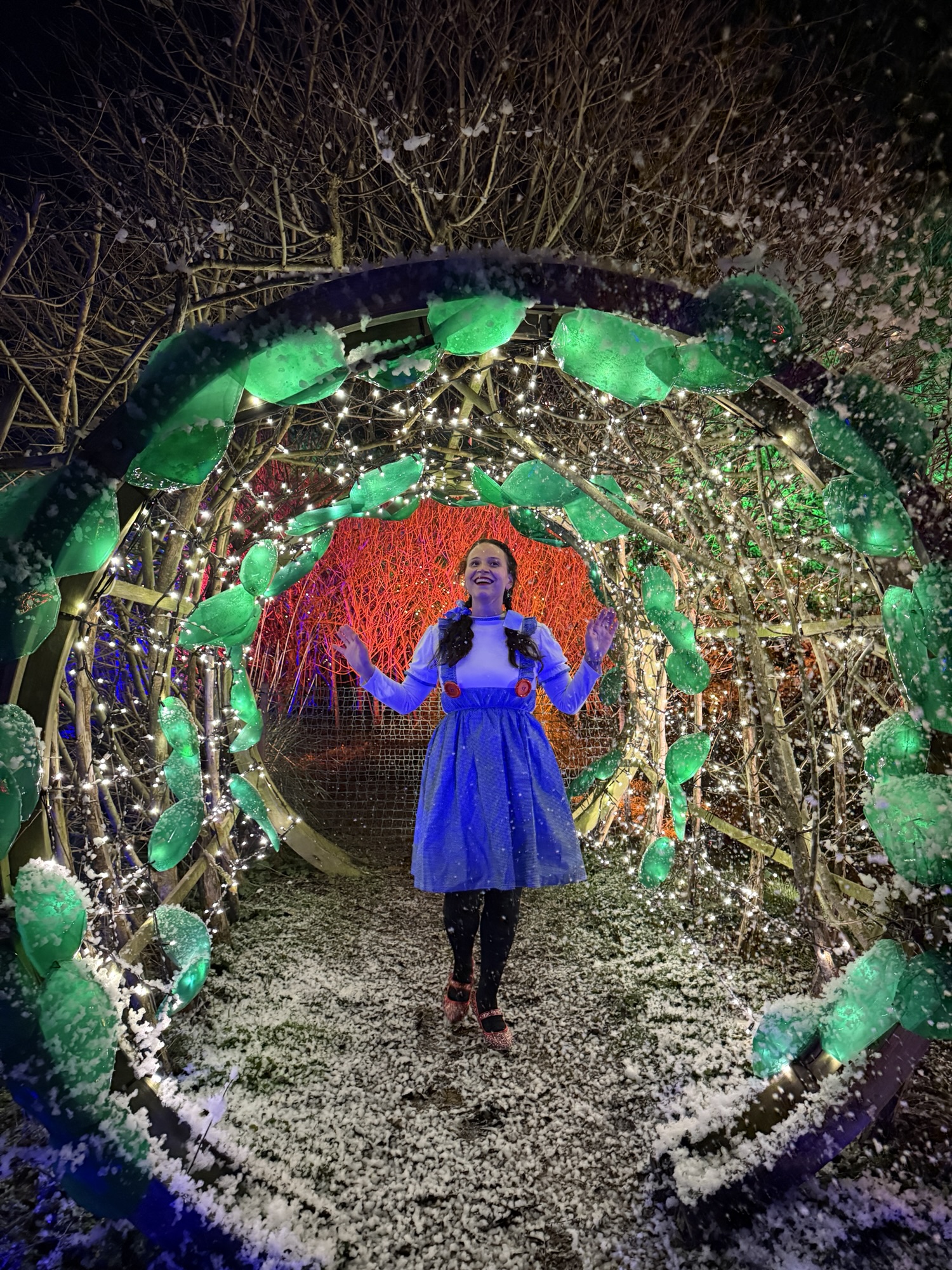 A person in a blue dress smiles beneath a green-lit archway with artificial snow, surrounded by glowing trees at night.