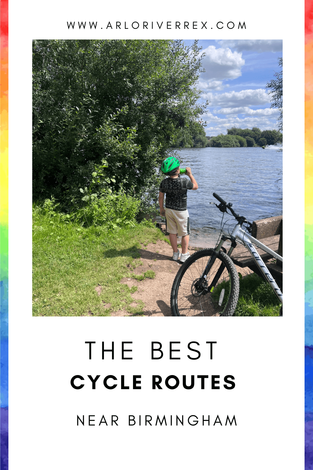 A child in a green helmet stands beside a bike on a riverside path under clouds, with the text "The Best Cycle Routes Near Birmingham.