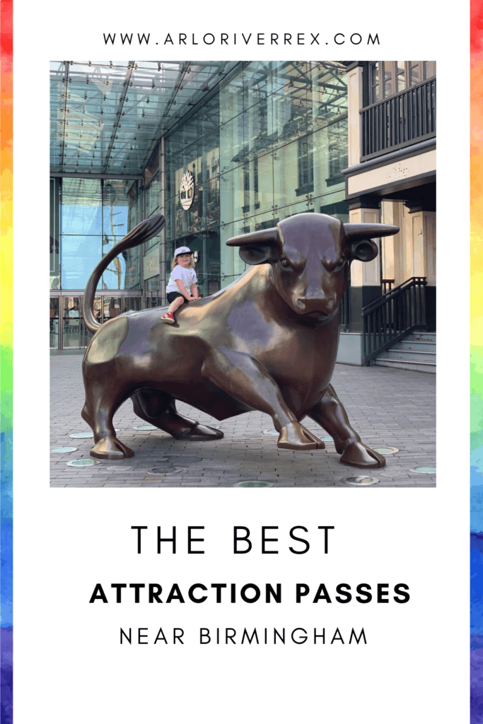 A child sits on a bronze bull statue outside a Birmingham shopping centre, with shops and a glass canopy in the background.