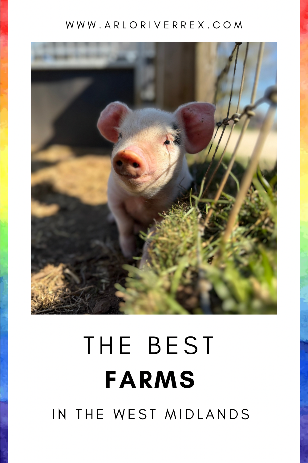 A piglet stands on grass in sunlight near a wire fence, with the words "The Best Farms in the West Midlands" above.