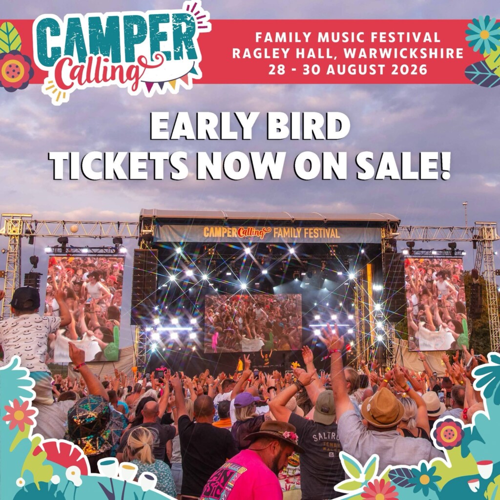 A crowd watches an outdoor stage at Camper Calling Festival, with text saying early bird tickets for 28–30 August 2026 are on sale.