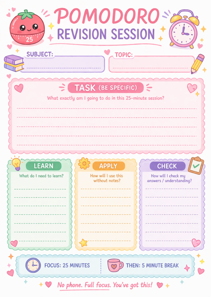 A bright Pomodoro worksheet shows sections to plan study tasks, goals, and breaks for an effective revision session.