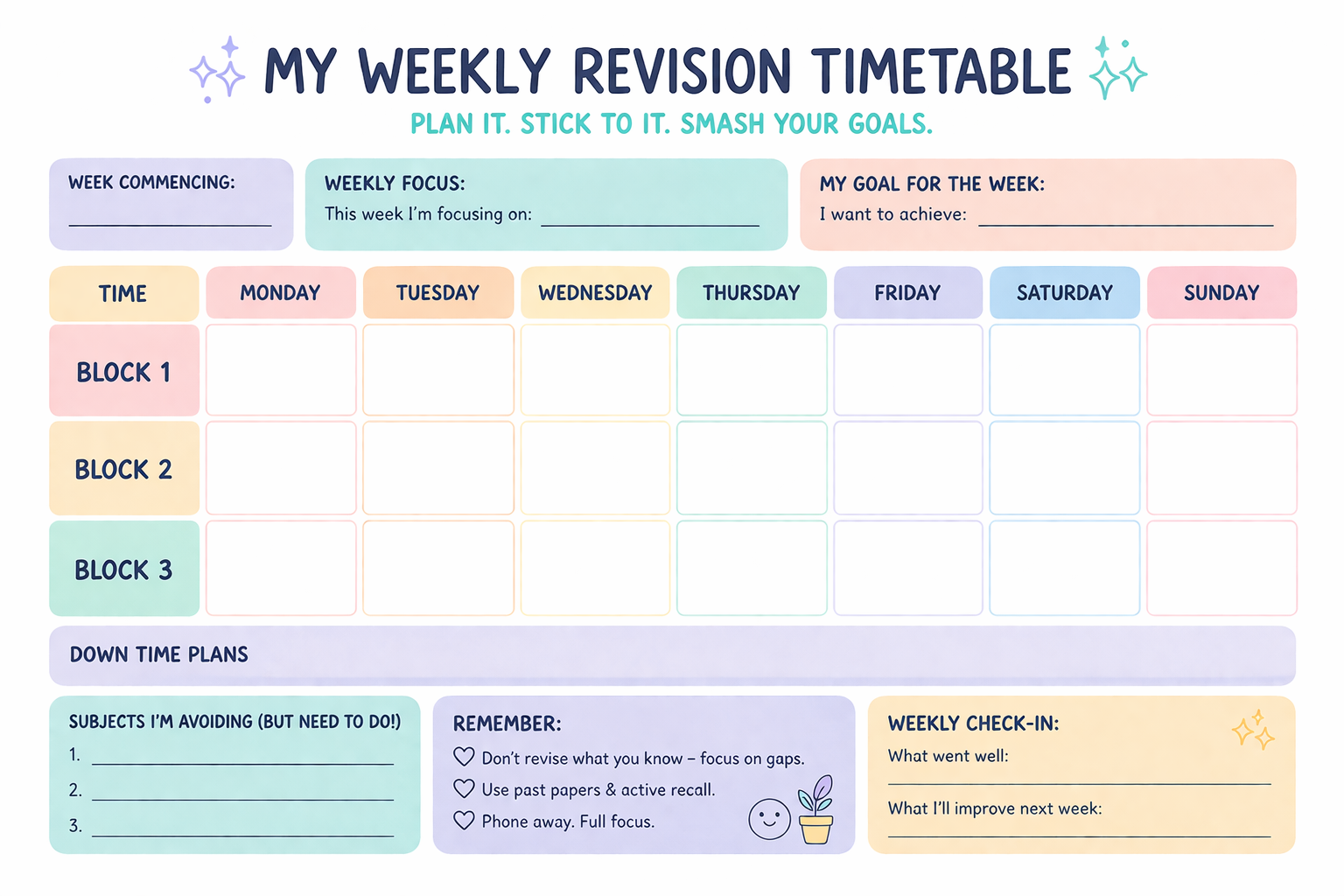 A bright weekly revision timetable features organised blocks for goals, focus, downtime, tips, and a spot for weekly check-ins.