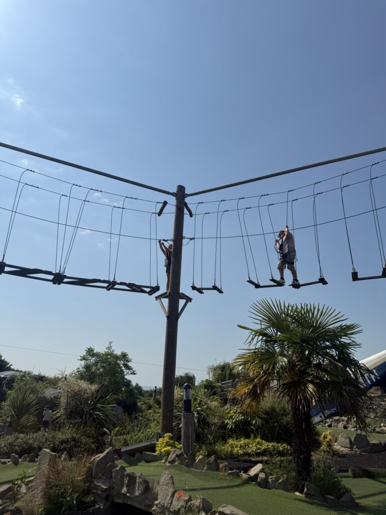 Two people climb a high ropes course outside on a sunny day, with green trees and palm trees visible below them.