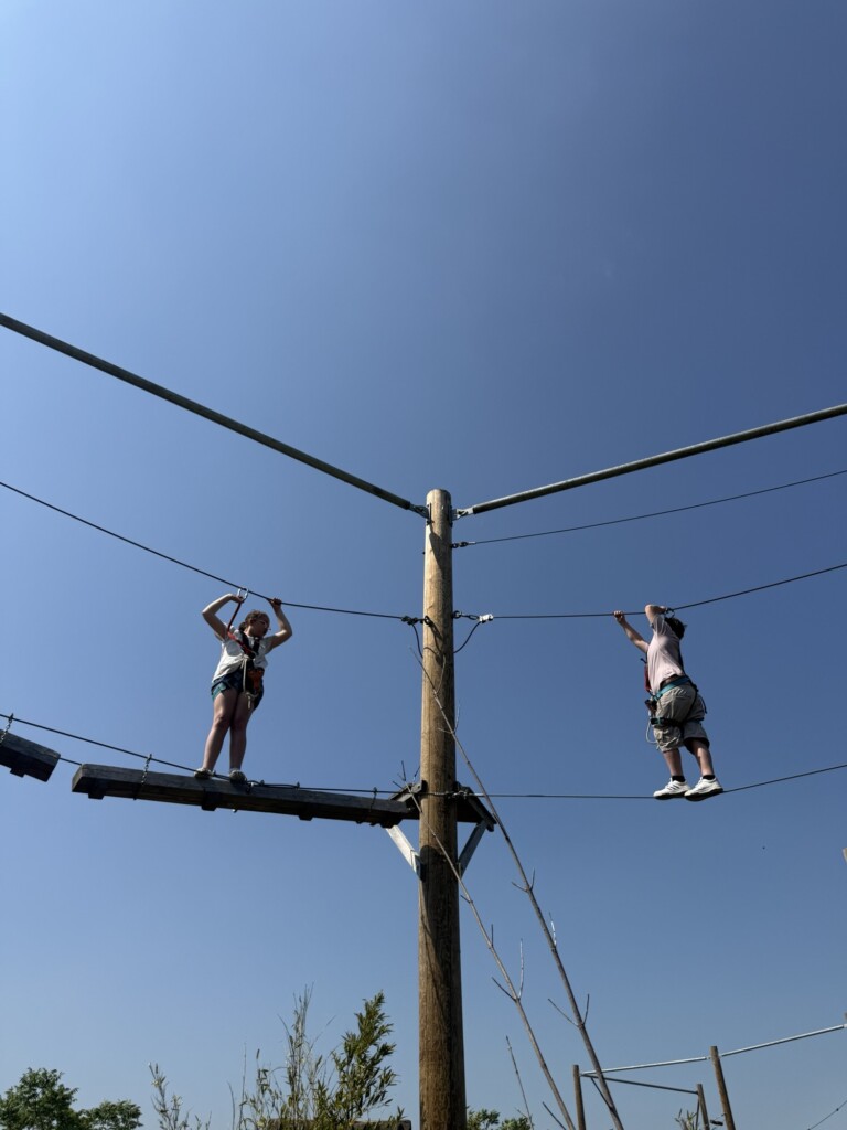 Two people in harnesses carefully cross rope bridges, high above the ground, with a clear blue sky in the background.