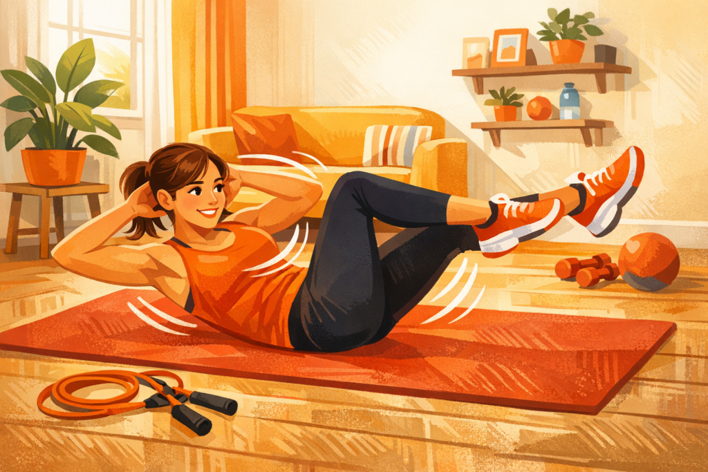 Adult doing a core exercise on a mat with a resistance band at home