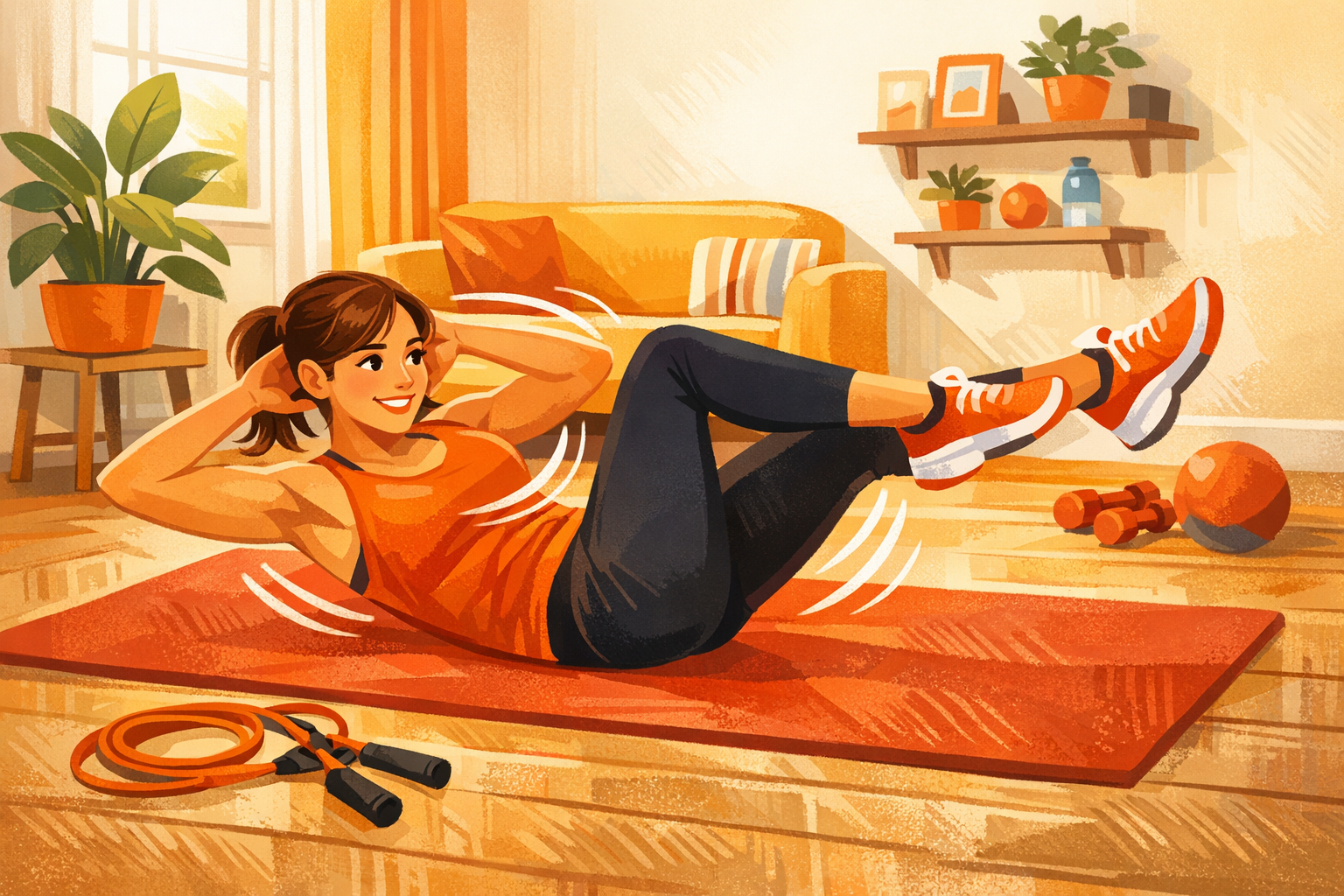 Adult doing a core exercise on a mat with a resistance band at home