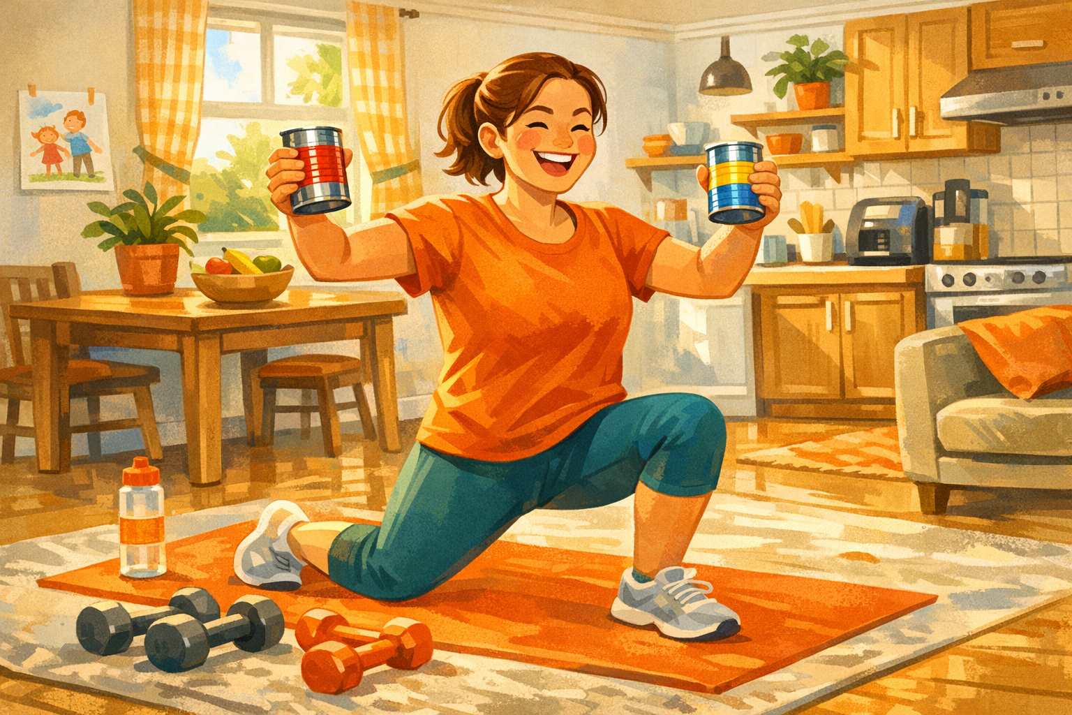 Parent doing an arm workout at home with tin cans as weights