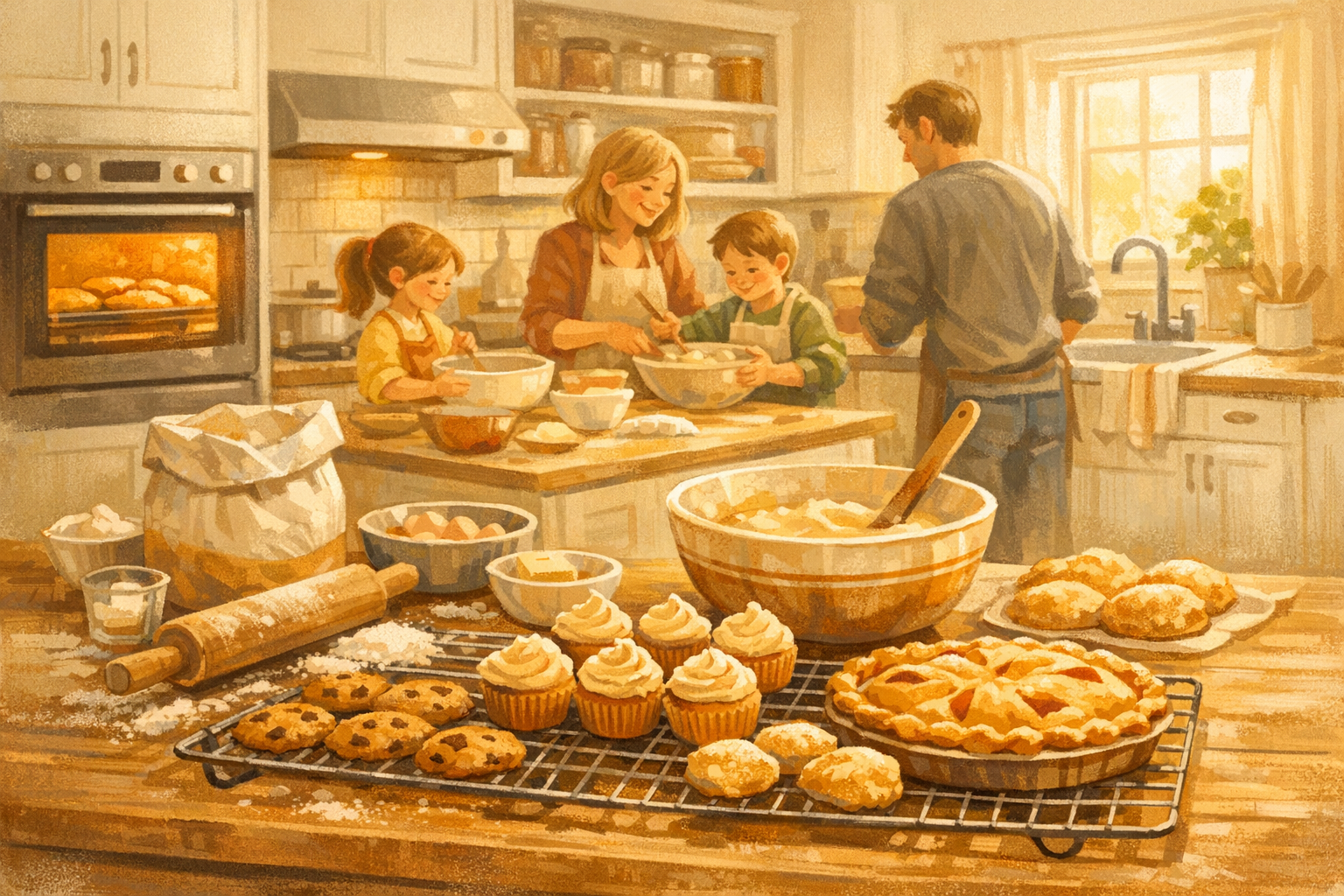 Cosy family kitchen with homemade baked goods cooling beside a warm oven