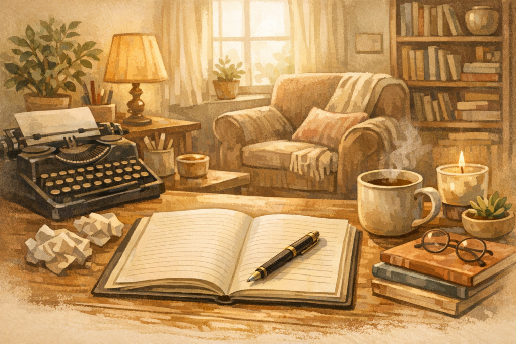Open notebook and pen in a cosy study for a blog writing challenge