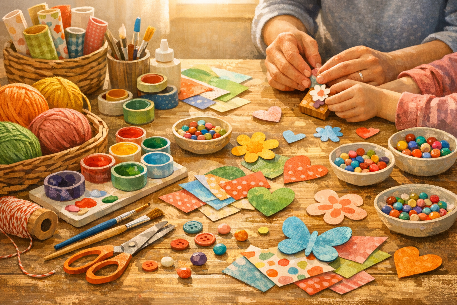 Adult and child making crafts with paper, paint, yarn and buttons at a bright table