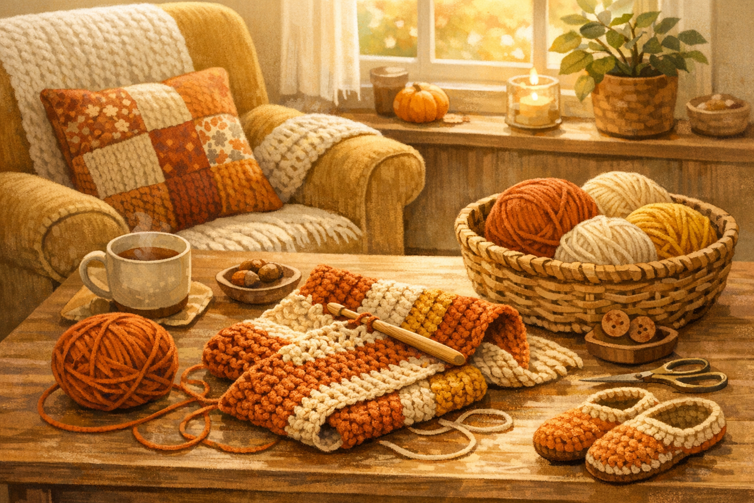 Cosy crochet project with yarn, hook and a partly finished scarf