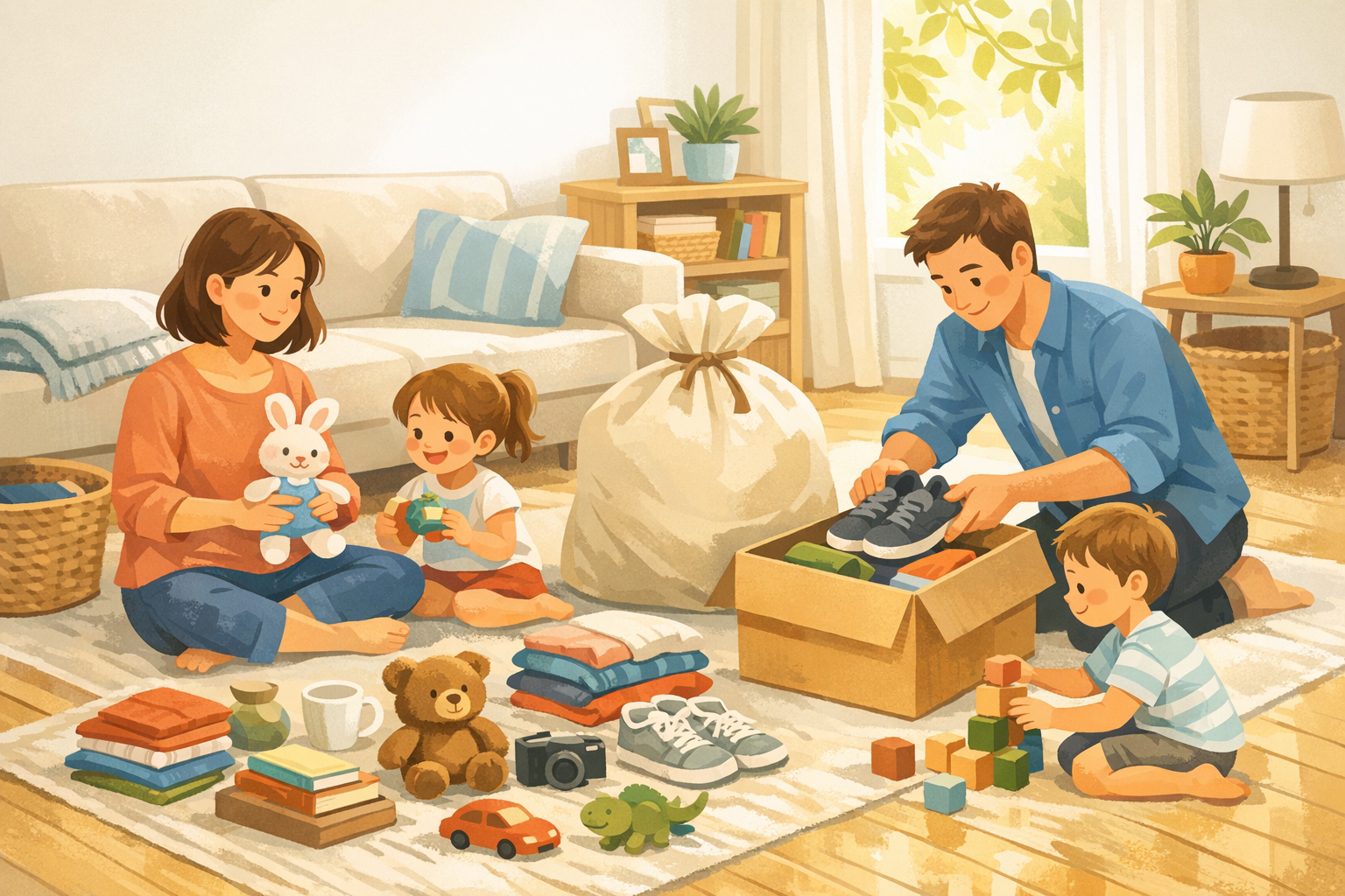 Cardboard donation box and neatly sorted items in a bright, calm family home
