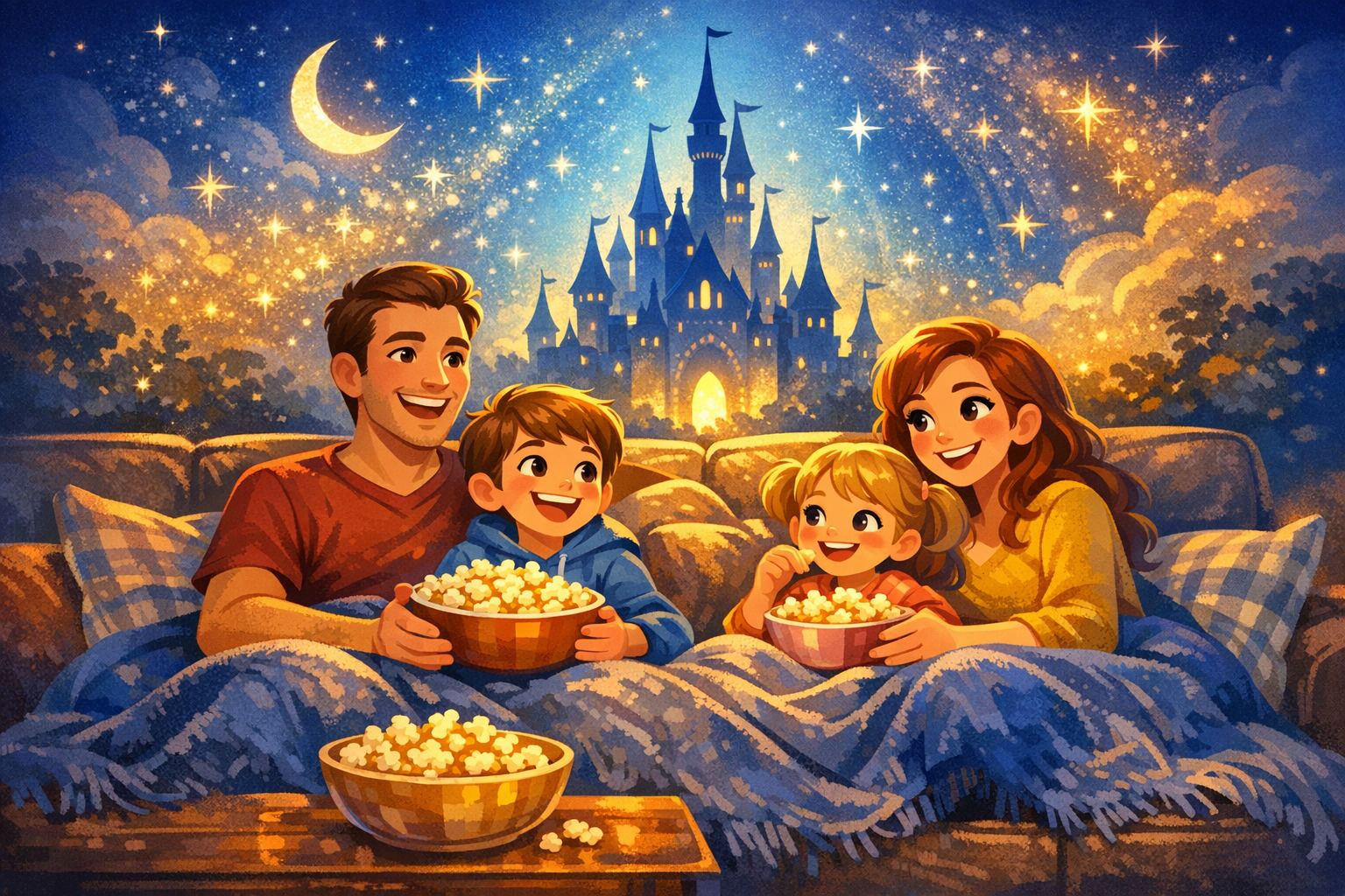 Family enjoying a cosy Disney-inspired film night with stars and a castle in the background