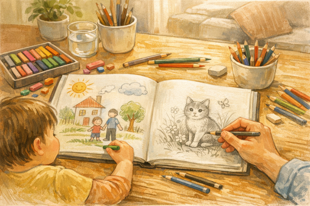 Parent and child drawing together in a colourful sketchbook