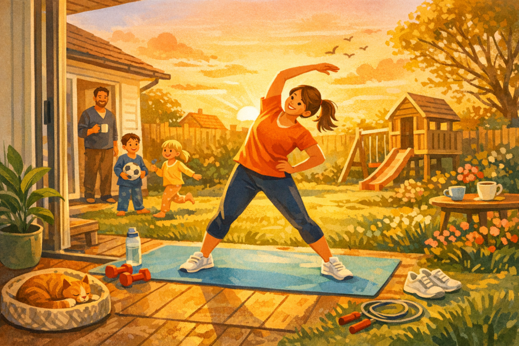 Parent doing a morning workout in warm sunrise light