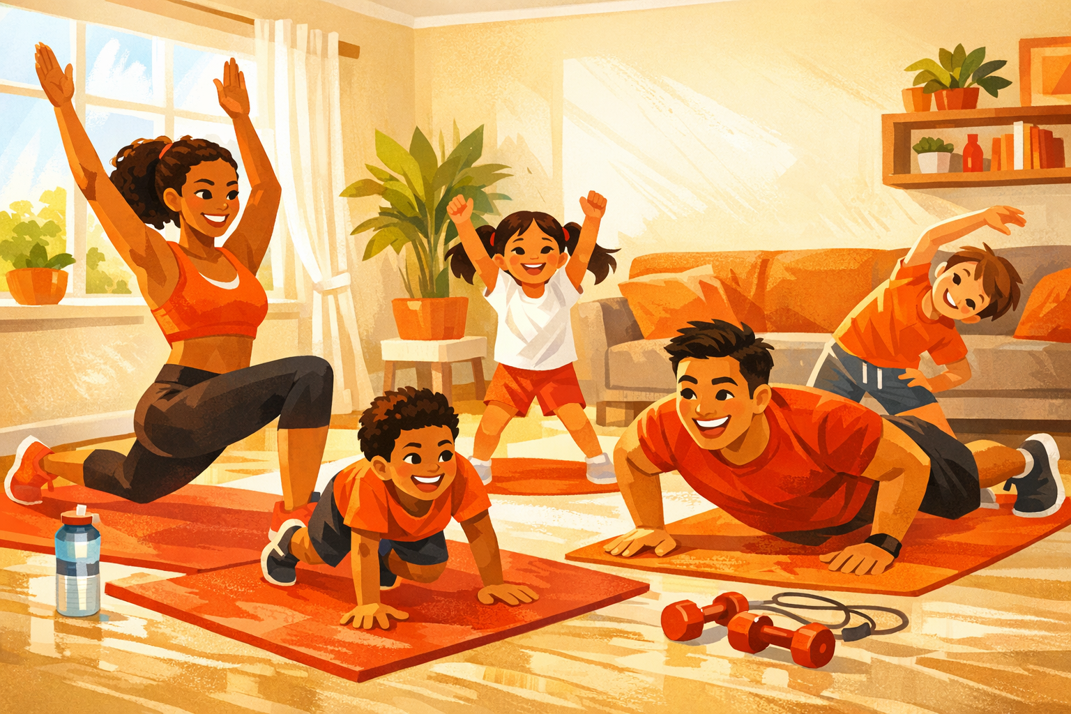 Family-friendly home fitness scene with bright red and orange tones