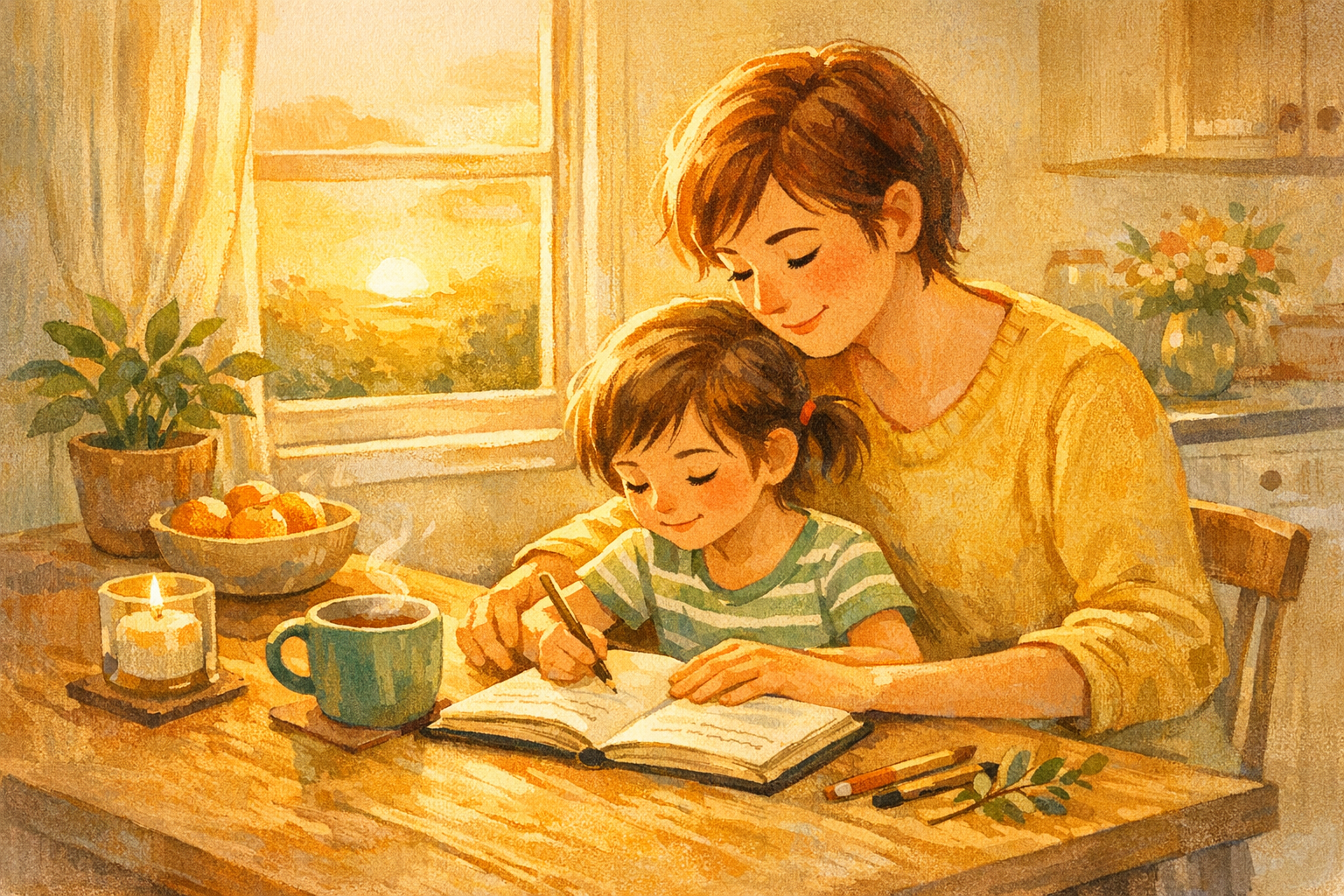 Parent and child writing in a gratitude journal in warm sunrise light