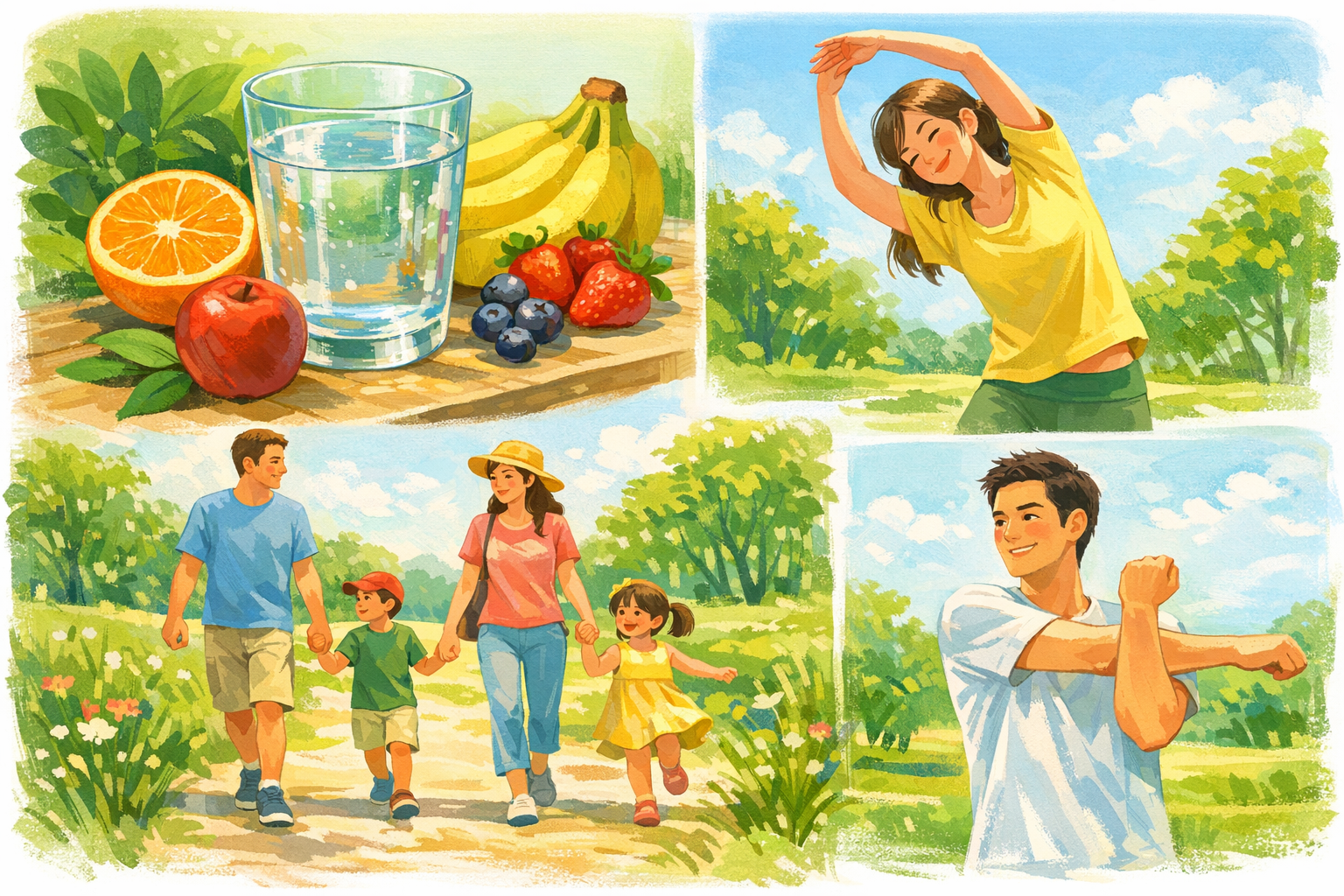 Family enjoying fresh fruit, water and movement in a bright green outdoor setting