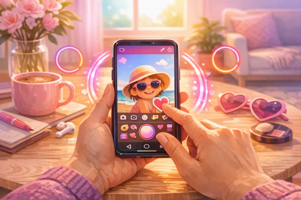 Person creating an Instagram story on a smartphone in pink and purple tones
