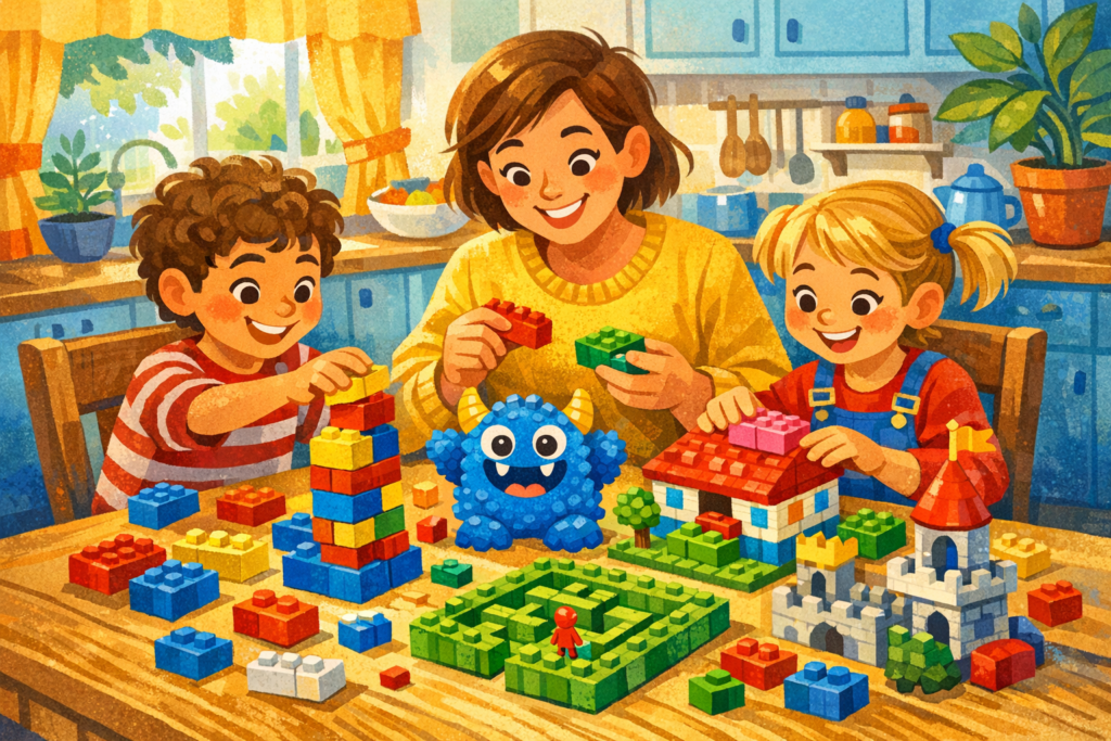 Family building colourful Lego creations together at a table