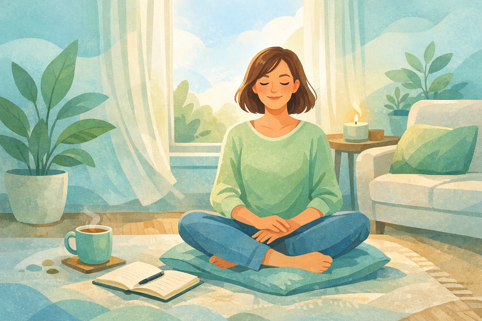 Adult taking a quiet mental health check-in with a notebook at home