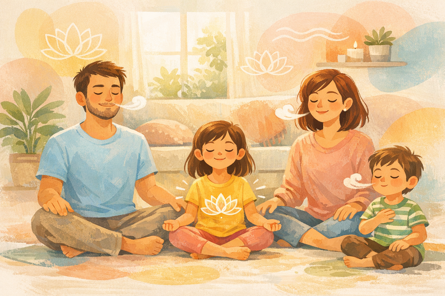 Family enjoying a calm mindful moment together at home