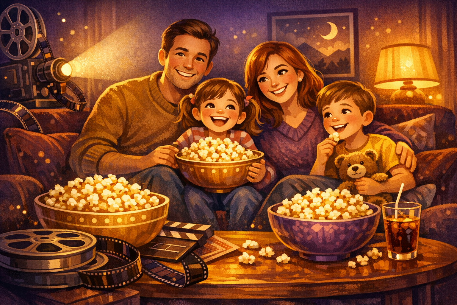 Family film night with popcorn and a film reel in purple and gold tones
