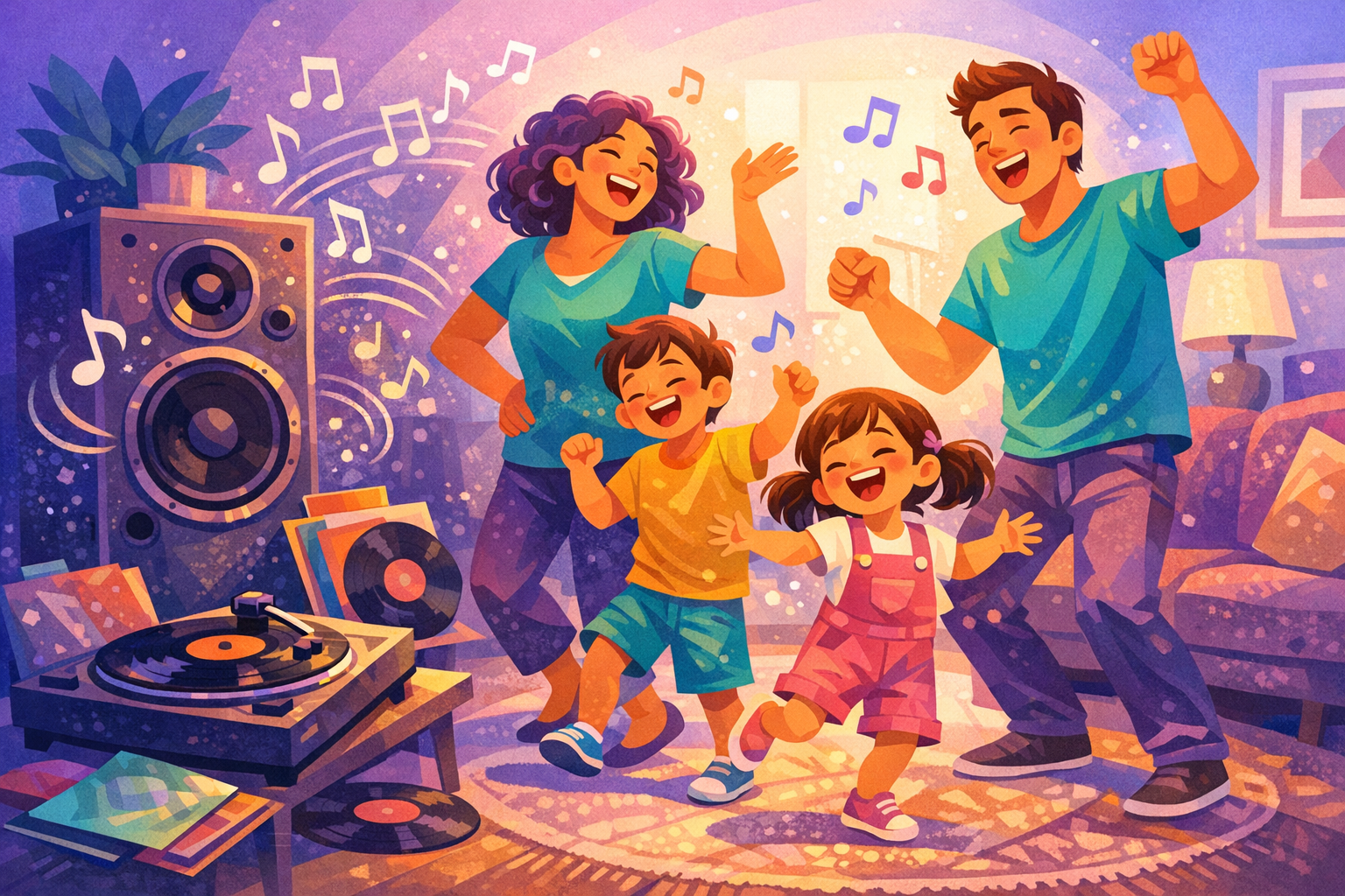 Family singing and dancing beside a speaker and vinyl record player