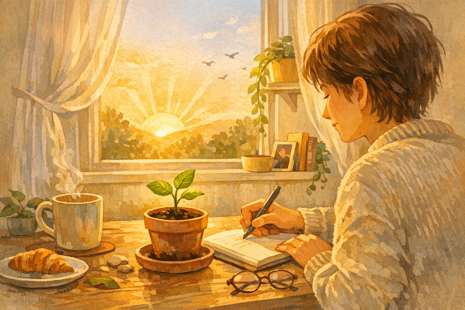Person reflecting beside a growing plant in warm morning light
