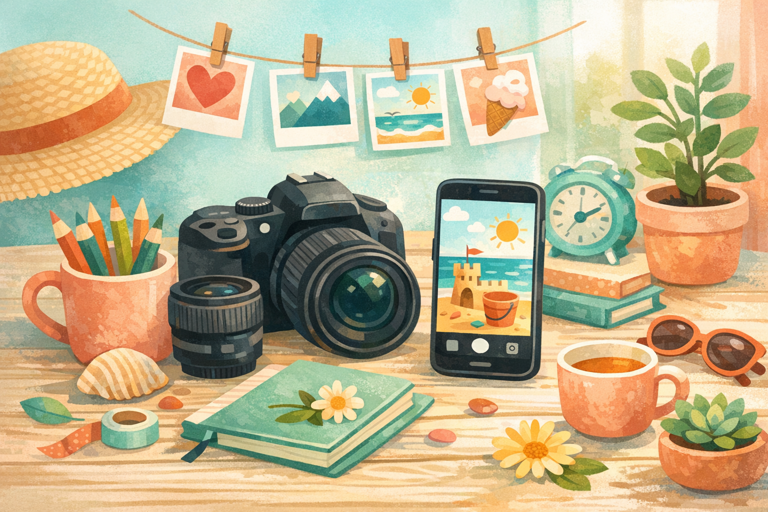 Bright illustration of a camera, phone and everyday objects in teal and coral tones