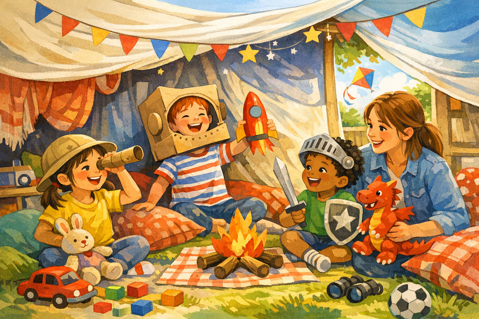 Family enjoying colourful imaginative play with toys and a homemade den