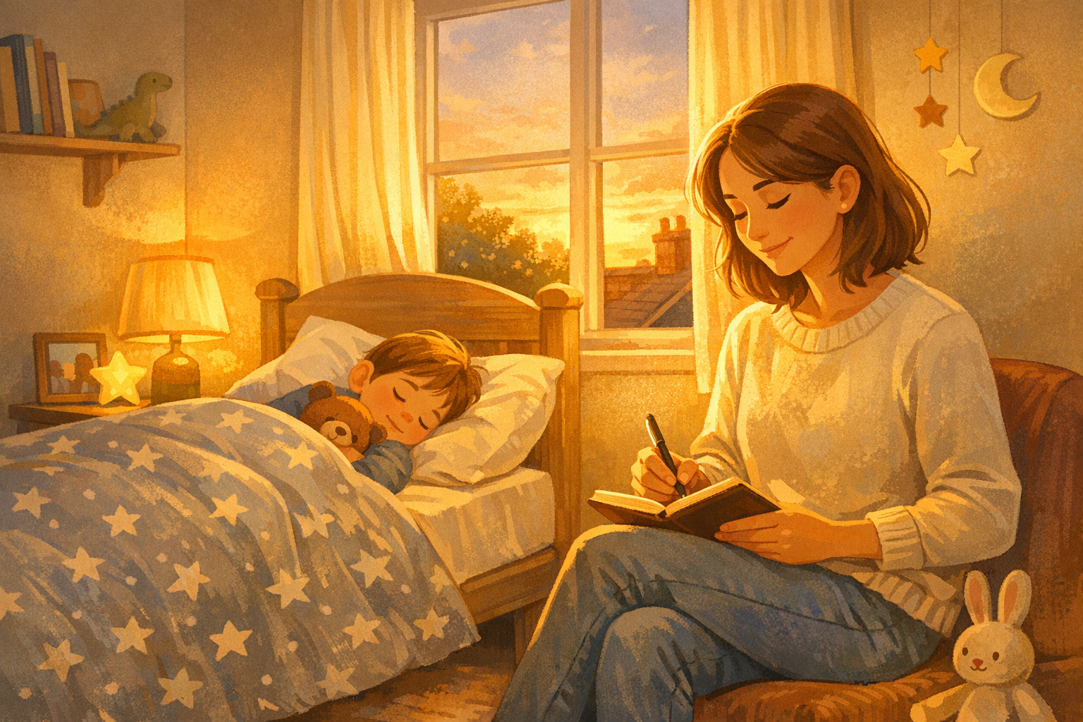 Parent writing a positive thought in a notebook beside a cosy bed at sunset