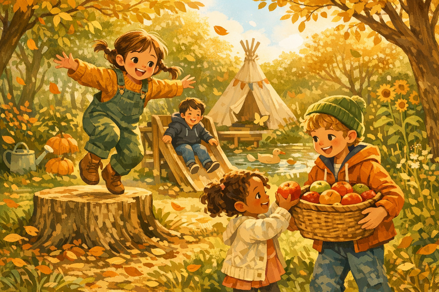 Children enjoying seasonal outdoor play in a sunny green and amber park
