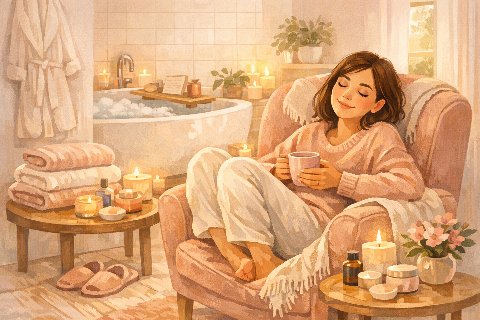 Parent enjoying a cosy self care moment at home